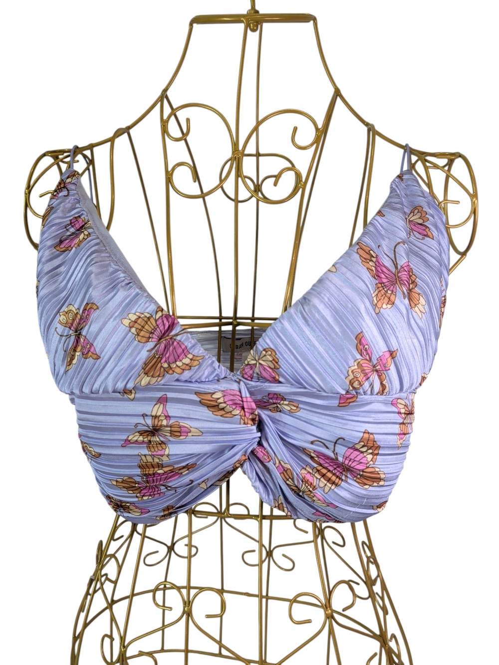 Urban Outfitters Butterfly Plissé Twist-Front Crop Top - Large